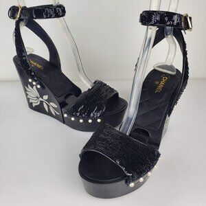 Women's Black Sequin Wedge Sandals